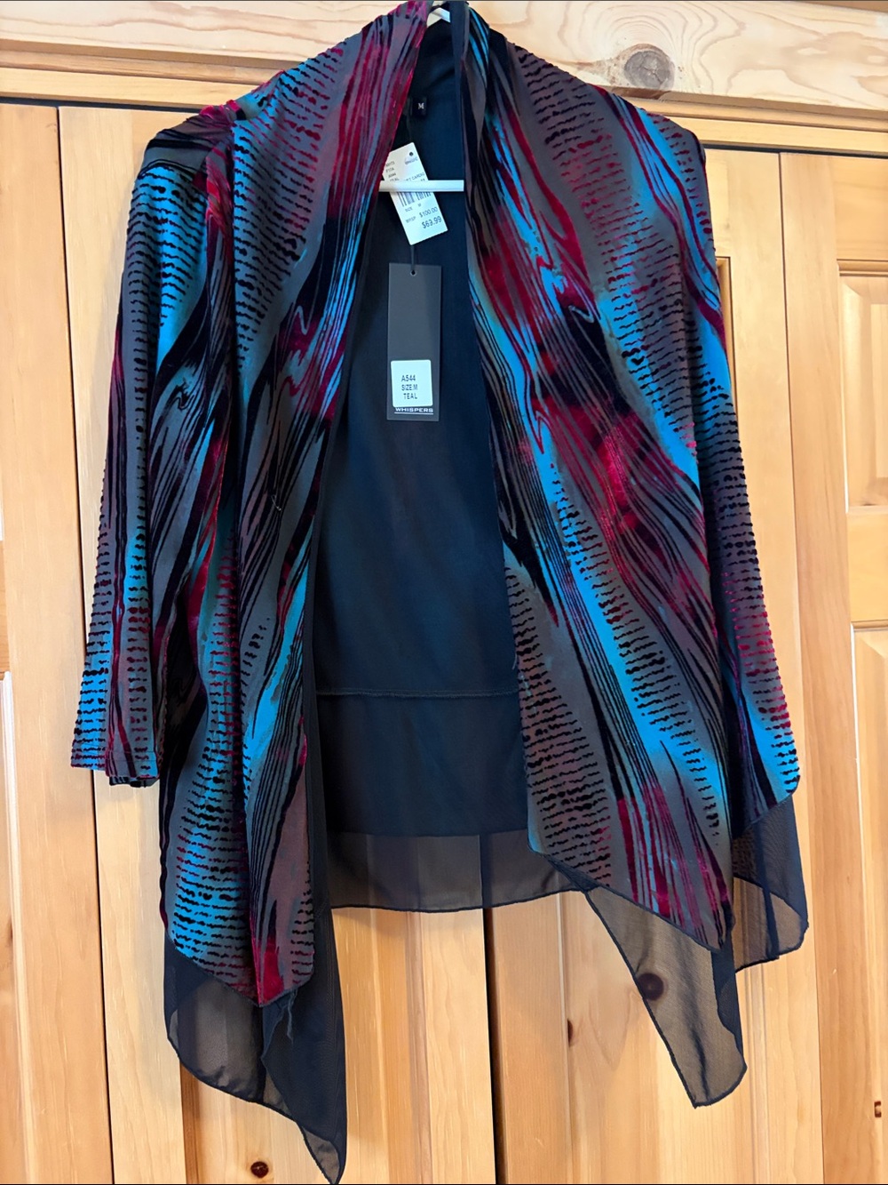 Open Front Sheer Drape Cardigan in Black with Teal & Magenta Print SIZE MEDIUM